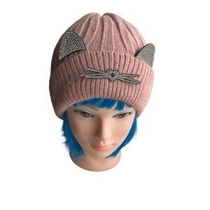 Women's Toque Pink with Bling Cat Ears and Whiskers Heart Fleece Lined O/S